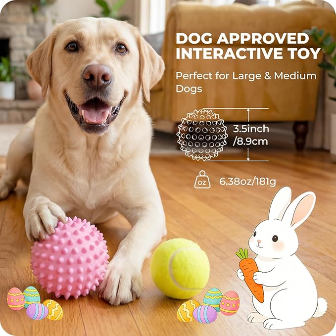 Apasiri Bacon-Flavored Squeaky Balls for Dogs: 3.5Inch Durable Rubber Bouncy Dog Balls for Aggressive Chewers, Spiky Floating Dog Balls for Large & Medium Dogs, Dog Birthday Gift, Pink Easter Dog Toys