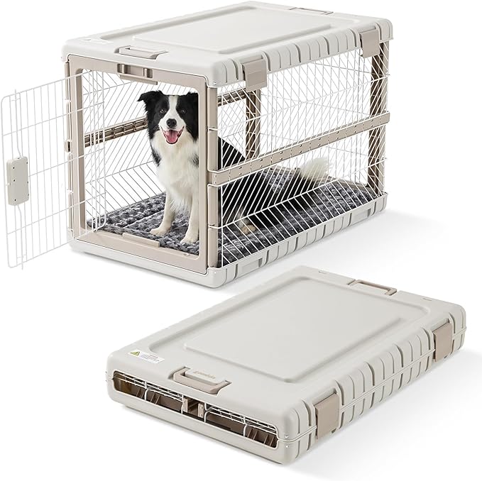 Collapsible Dog Crate with Bed Mat, 36'' Foldable Dog Kennel for Large Dogs, Tool-Free Portable Cage with 2 Rolling Wheels & Handles, Pet Carrier for Indoor Outdoor