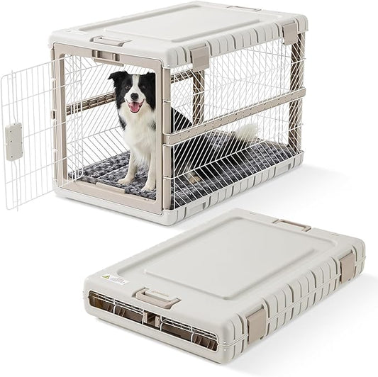 Collapsible Dog Crate with Bed Mat, 36'' Foldable Dog Kennel for Large Dogs, Tool-Free Portable Cage with 2 Rolling Wheels & Handles, Pet Carrier for Indoor Outdoor