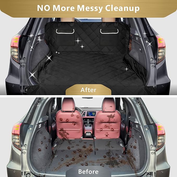 F-color SUV Cargo Liner for Dogs, Waterproof Pet Cargo Cover Dog Seat Cover Mat for SUVs Sedans Vans with 2 Large Pockets, Non-Slip, Large Size Universal Fit, Black
