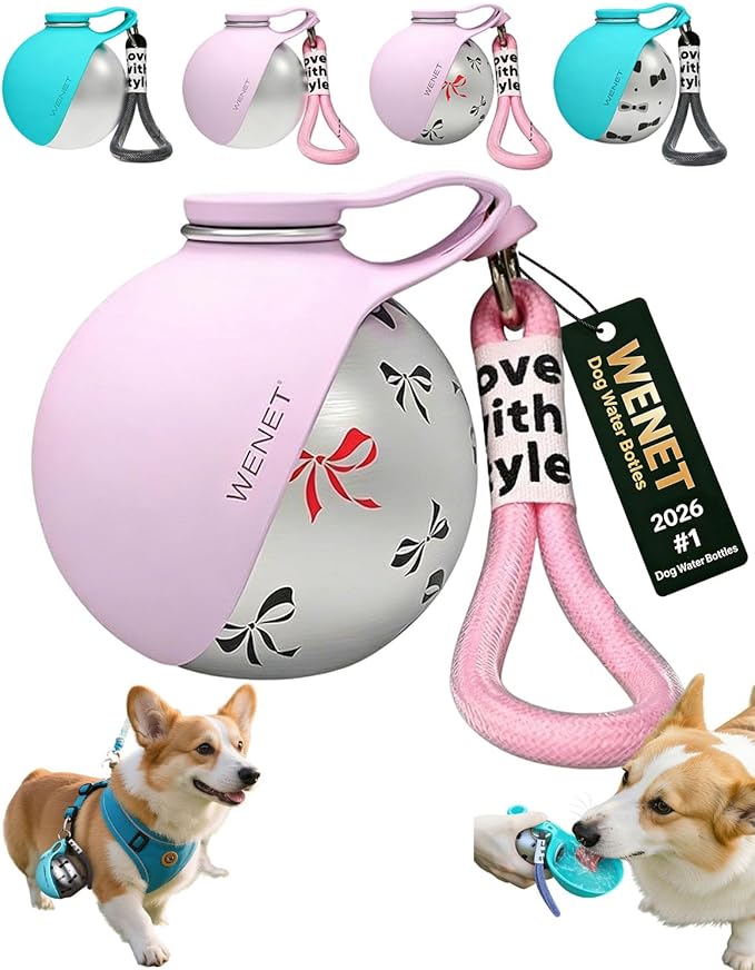 2-in-1 Portable Dog Water Bottle Leak Proof Stainless Steel Foldable Pet Water Bottle with Silicone Bowl Compact Travel Water Dispenser for Dogs One-Hand Operation for Walking Camping Travel (Pink-B)