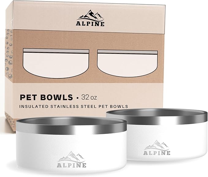 ALPINE Set of 2 Stainless Steel Dog Bowls, Non Slip, Metal Pet Bowl for Food and Water, Double Walled Insulated, Rustproof, Dishwasher Safe (32 oz, White)