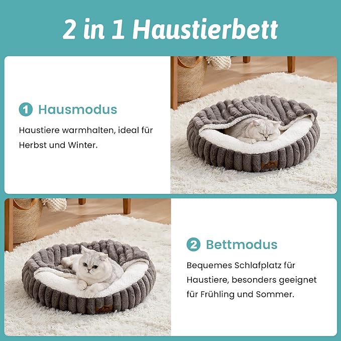 Cat Bed with Hooded Blanket, Round Fluffy Anti-Anxiety Pet Bed for Cats/Small Dogs, Cozy Donut Cuddler with Machine Washable Faux Fur & Anti-Slip Bottom(23"×23"×6",Grey)