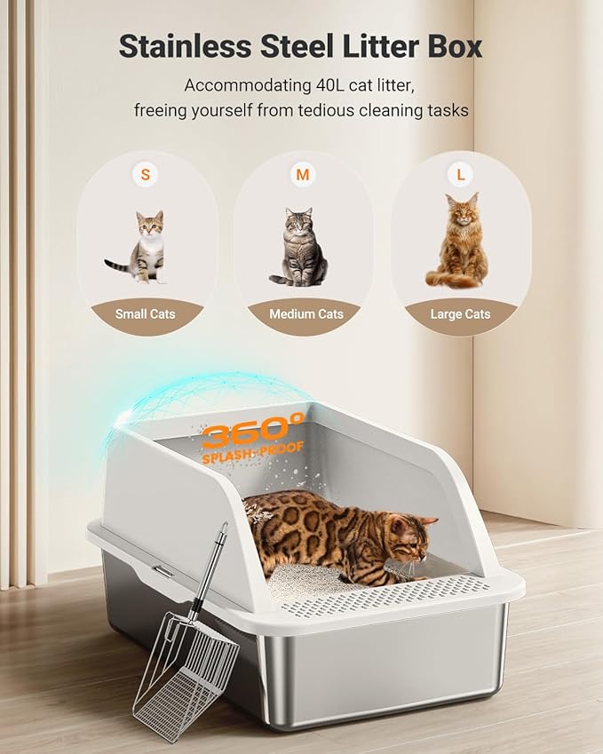 XL Stainless Steel Litter Box, Extra Large Metal Cat Litter Box with High Sided for Big Cats, Enclosed Litter Boxed with Lid, Easy-Clean Cat Litter Mat & Scoop Kit, Anti-Urine Leakage (White)