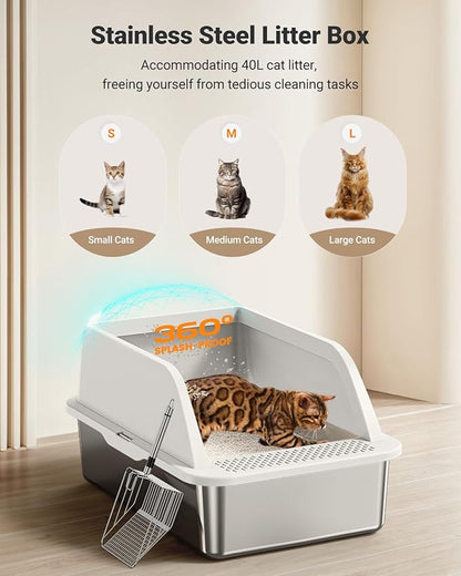 XL Stainless Steel Litter Box, Extra Large Metal Cat Litter Box with High Sided for Big Cats, Enclosed Litter Boxed with Lid, Easy-Clean Cat Litter Mat & Scoop Kit, Anti-Urine Leakage (White)