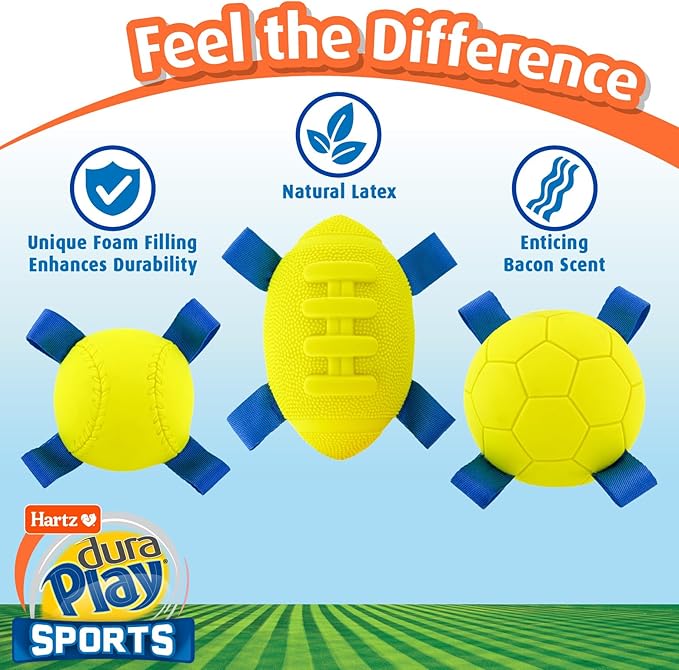 Hartz Dura Play Sports Soccer Dog Toy, Bacon Scented Squeaky Latex Yellow & Blue Toy, 1 Count