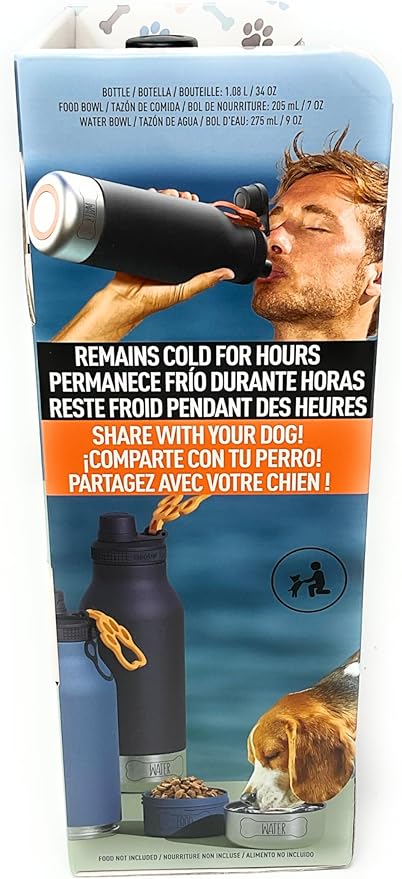 Asobu Dog Buddy Bottle - Stainless Steel Insulated Water Bottle for Humans with Removable Dog Bowl and Food & Treat Storage - 34 Oz, 2 Pack (Blue/Black)