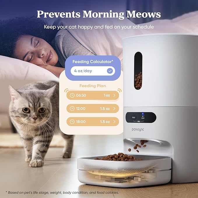 Pawsync Automatic Cat Feeder, WiFi Smart Scale Tracks Pet's Food Intake, App Control, 3.6L Timed Food Dispenser for Cats and Dogs, Up to 10 Meals Per Day, Stainless Steel Bowl, Dual Power Supply
