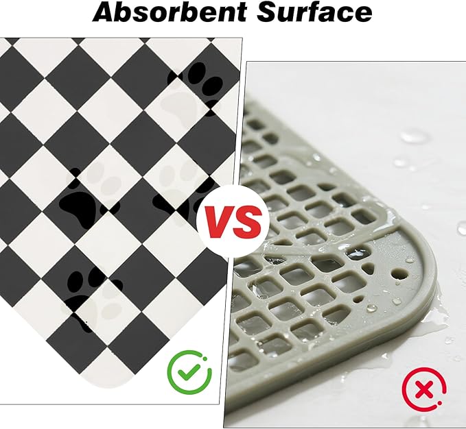 Checkered Dog Food Mat, Absorbent Leak-Proof Pet Feeding Mat, Quick Dry Cat Food Mat for Messy Drinkers 17" x 32" Black