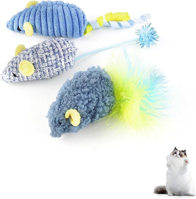 Andiker 3PCS Cat Mouse Toys, Colorful Catnip Toys for Cats with Rattle Box Ribbon Feather Interactive Cat Toys for Indoor Cats to Chew Bite Teeth Cleaning (Blue)