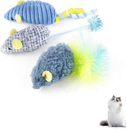 Andiker 3PCS Cat Mouse Toys, Colorful Catnip Toys for Cats with Rattle Box Ribbon Feather Interactive Cat Toys for Indoor Cats to Chew Bite Teeth Cleaning (Blue)