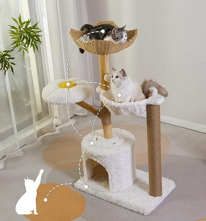 Moewrista Modern Cat Tree with Hammock 48.5 Inches Cat Tower with Scratching Post,Featuring Real Wood Post,Large Rattan Basket, Spacious Flower Perch and Condo for Indoor Cat Large Adults-Beige