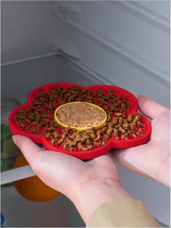 QWINEE Lick Mat for Dogs Cats Flower Shaped Pet Slow Feeder Dog Cat Puppy Bowl Lick Pad for Dog Fun Alternative to Slow Down Eat for Small Medium Large Dogs Red One-Size