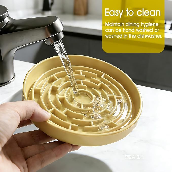 Silicone Slow Feeder Bowl, with Non-Slip Suction Cups, Anti-Choking, Puppy Puzzle Bowl, Slows Down Eating Speed, Relieves Anxiety, Suitable for S&M Sized Dogs and Cats(Yellow