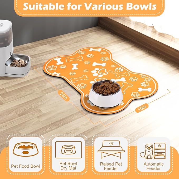 Dog Cat Mat for Food and Water,Rapid Absorbent Pet Feeding Mat, Bone Shaped Dog Placemat Bowl Mat with Rubber Backing,No Stains Pet Food Mats Indoor, Pet Accessories Supplies,Orange 16"×24"