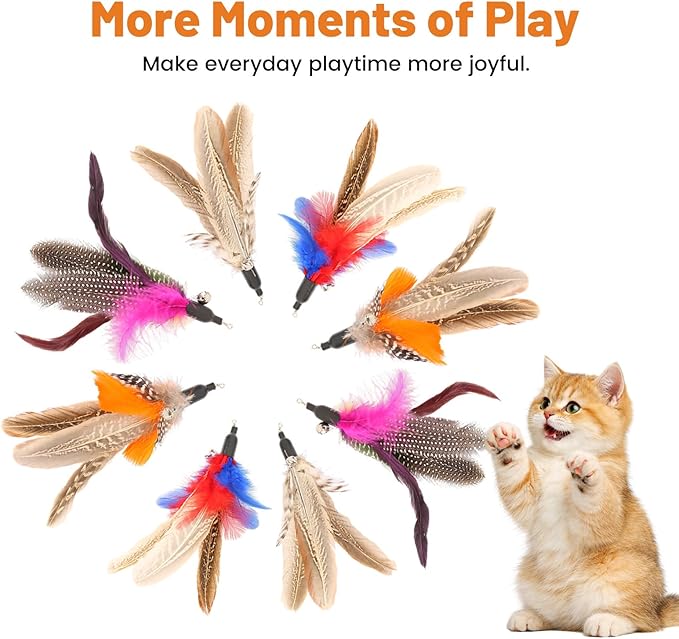 8 PCS Cat Colorful Feather Wand Replacement, Cat Toy Feather Replacement, Interactive Toy Refills for Indoor Cats