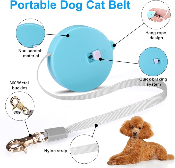 Retractable Dog Leash for Small Dogs Cats up to 11lbs with 6.5ft Anti-Pull Strong Nylon Tape, Hands Free, Mini and Portable Walking Leash with Wrist Strap, One-Hand Brake, Blue Round