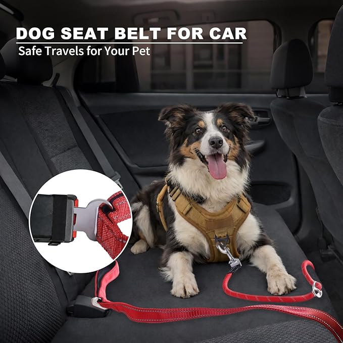 10FT Hands Free Dog Leash for Small Medium Large Dogs, Heavy Duty Reflective Dog Leash with Traffic Handle, Seat Belt Buckle & Poop Bag Holder (Red)