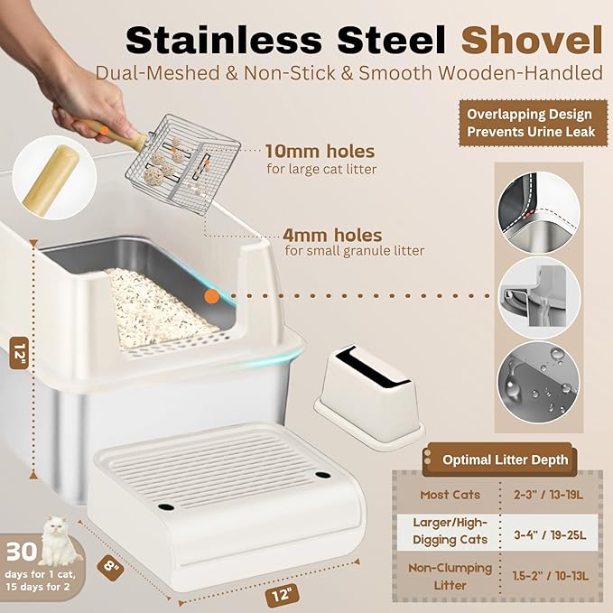 XL Stainless Steel Litter Box with Lid, Fully Enclosed 6" Deep Metal Cat Litter Box, Leak-Proof, Clumping Litter for Large, Multi-Cats, with Litter Mat, Scooper & Brush (6'' White XL)