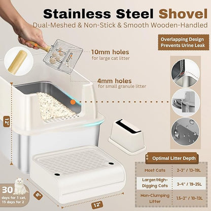 XL Stainless Steel Litter Box with Lid, Fully Enclosed 6" Deep Metal Cat Litter Box, Leak-Proof, Clumping Litter for Large, Multi-Cats, with Litter Mat, Scooper & Brush (6'' White XL)