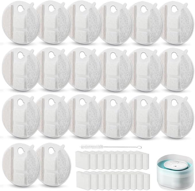 20 Pack Dog Water Fountain Replacement Filters for Petlibro Capsule Dog Fountain PLWF008,Pet Water Fountain Filter with Replacement Pre-Filter Pump Sponges with 1 Hard Brush.