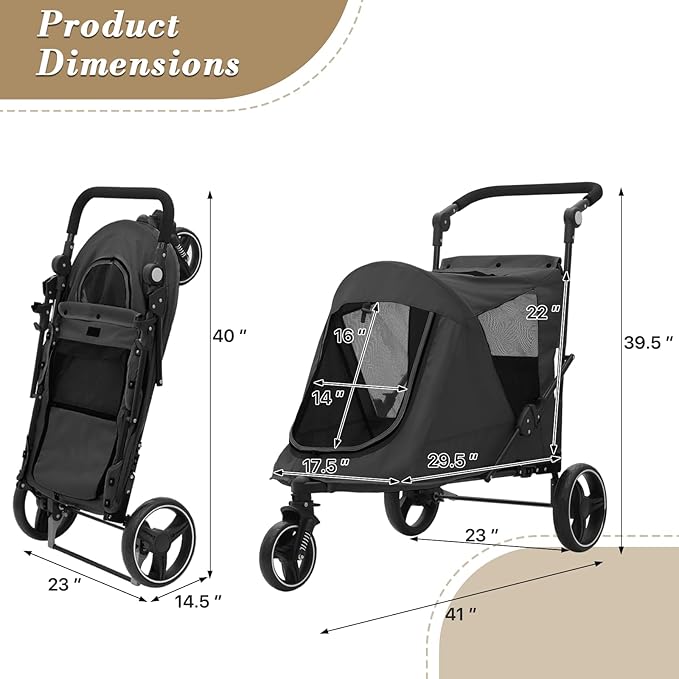 Athena Collection 3 Wheels Pet Stroller Fabric Dog Cart Dog Stroller for Large Dogs 55 Lbs Pet Stroller with Mesh Windows, Zipper Back Pocket, Safety Tether, Angle Adjustable Handlebar, Black