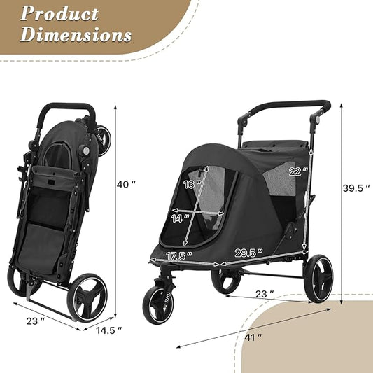 Athena Collection 3 Wheels Pet Stroller Fabric Dog Cart Dog Stroller for Large Dogs 55 Lbs Pet Stroller with Mesh Windows, Zipper Back Pocket, Safety Tether, Angle Adjustable Handlebar, Black