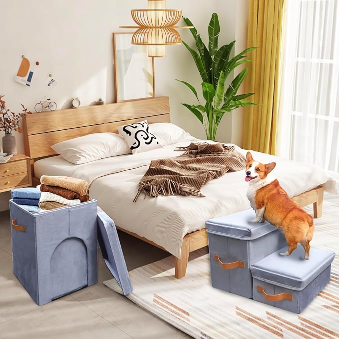 24" H Dog Stairs for High Beds Up to 32" H - Pet Steps for Small Medium or Large Dogs, Foldable Cat Stairs with Storage & Condo, 3-Step Pet Stairs for Couch & Window Sill, Hold Up to 150Lbs