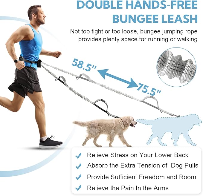 Hands Free Dog Leash, Waist Leash for Dog Walking,Running, Adjustable Waist Belt with Double Padded Handles, No Pull, Grey