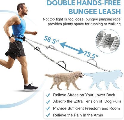 Hands Free Dog Leash with Pouch, Double Leash for Two Dogs, Retractable Bungee with Double Padded Handles, Dog Waist for Dog Walking, Running for Dogs, Dog Walking Accessories