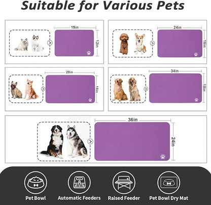 Dog Food Mat - Absorbent Cat Mat for Food and Water, No Stains Pet Feeding Bowl Mat, Easy to Clean Pet Placemats, Quick Dry Dog Water Dispenser Mat for Messy Drinkers | Paw Purple 24"x36"