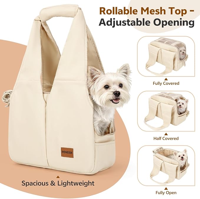 Dog Purse Carrier for Small Dogs and Cats, Soft-Sided Pet Tote Bag with 6 Large Pockets, Collapsible Travel Puppy Carrier, Fits Pets up to 13 lbs (Beige, 15.7" L x 8" W x 11.8" H)