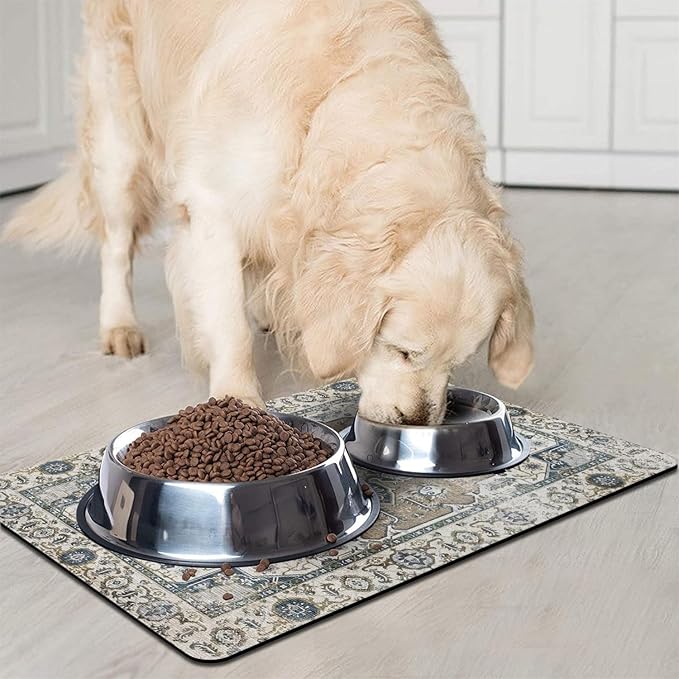 2 Pack Dog Food Mats for Floors, Absorbent and Quick-Drying Pet Cat Food Mat,Anti-Fouling and Easy-to-Clean Pet Feeding Mat,Dog Bowl Mat for Messy Drinking Water Bowls.12 x20+18"x24", Bohemia Style