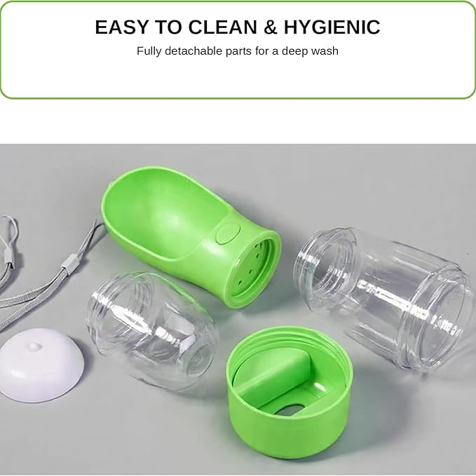 3-in-1 Dog & Cat Water Bottle with Food Container & Poop Bag Holder – Includes 60 Extra Waste Bags – 13.5oz Leak-Proof, BPA-Free Portable Pet Travel Dispenser, Green