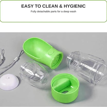 3-in-1 Dog & Cat Water Bottle with Food Container & Poop Bag Holder – Includes 60 Extra Waste Bags – 13.5oz Leak-Proof, BPA-Free Portable Pet Travel Dispenser, Green