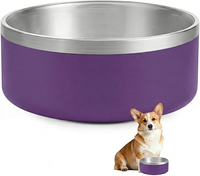 Dog Bowl, Stainless Steel Dog Bowls for Food and Water, Metal Pet Feeding Bowl with Insulated Non-Slip Quiet Bottom, Easy to Clean, Dishwasher Safe, 32oz,4 Cup | Purple