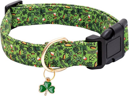 Faygarsle St Patrick's Day Dog Collar Cute Holiday Collar for Small Medium Large Dogs Green Trefoil Print Lucky Straw Cotton Dog Collar XS