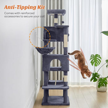 DUMOS Large 66 Inch Cat Tree Tower, Tall Multi Level Cat Climbing Tower with Natural Sisal Scratching Posts, Hammock, Pet Condo for Indoor Cats and Kittens Play, Dark Grey