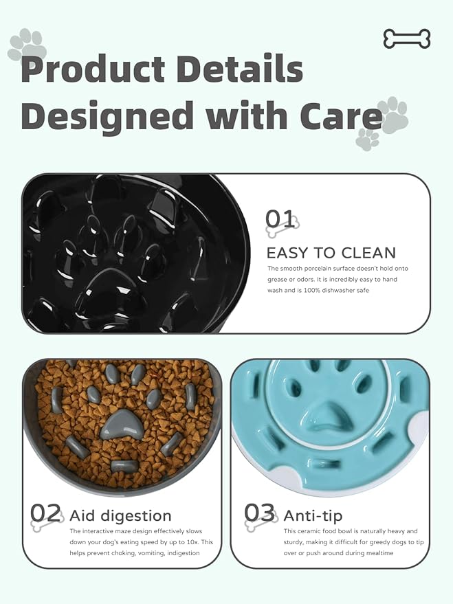 Ceramic 1.5 Cup Slow Feeder Dog Bowl, Slow Feeding Dish for Small & Medium Breeds to Slow Down Eating, Anti-Gulping, Preventing Choking (Grey)