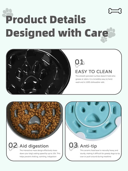 Ceramic 1.5 Cup Slow Feeder Dog Bowl, Slow Feeding Dish for Small & Medium Breeds to Slow Down Eating, Anti-Gulping, Preventing Choking (Black)