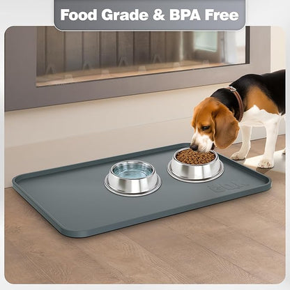 Silicone Dog Food Mat, Waterproof Anti-Slip Pet Feeding Mat with Warped Resistant Raised Edge,Spill-Proof Lip Floor Protection,Dishwasher-Safe Pet Placemat for Dogs & Cats(L 24" x 16" Gray)