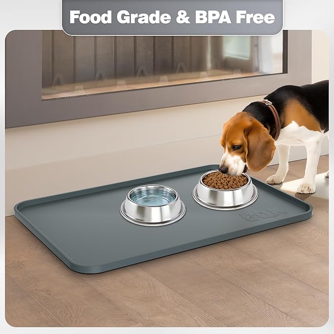 Silicone Dog Food Mat, Waterproof Anti-Slip Pet Feeding Mat with Warped Resistant Raised Edge,Spill-Proof Lip Floor Protection,Dishwasher-Safe Pet Placemat for Dogs & Cats(M 20" x 14" Gray)