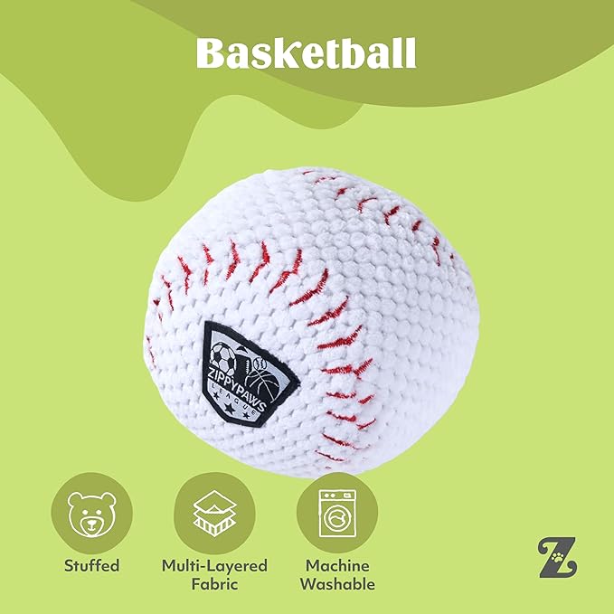 ZippyPaws SportsBallz - Dog Squeaky Toys to Keep Them Busy, Funny Plush for Small, Medium, & Large Dogs, Cute Stuffed Puppy Toy, Pet Products, Gift for All Breeds, Interactive Squeaker - Baseball