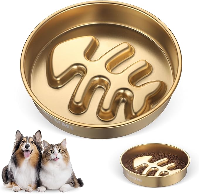 Golden Stainless Steel Slow Feeder Dog Bowls – Non-Slip Metal Dog Bowl for Large & Medium Breeds, Puppy Puzzle Feeder – 2 Cup Capacity for Small to Big Pets – Durable Slow Feed (Fishbone-Golden)