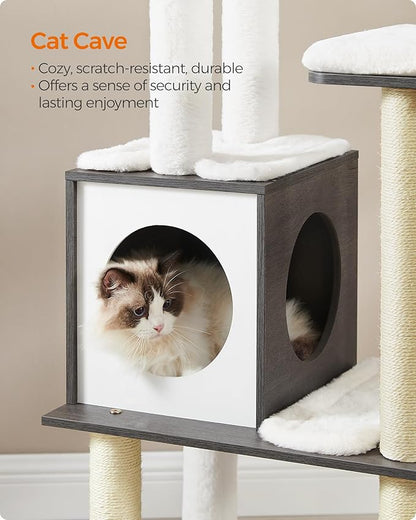 Feandrea Cat Tree, 65-Inch Modern Cat Tower for Indoor Cats, Multi-Level Cat Condo with 5 Scratching Posts, Perch, Washable Removable Cushions, Cat Furniture, Misty Gray UPCT166G03