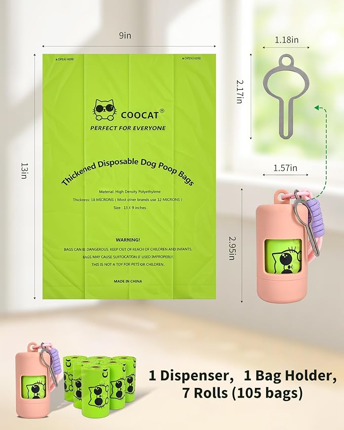 Dog Poop Bags with Dispenser & Holder, Guaranteed Leak Proof, Unscented Extra Thick Heavy Duty Tear-resistant 18-Micron Waste Bag Refill Rolls (Pink (105-Bags, 1-Dispenser))