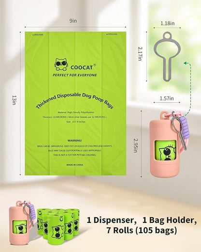 Dog Poop Bags with Dispenser & Holder, Guaranteed Leak Proof, Unscented Extra Thick Heavy Duty Tear-resistant 18-Micron Waste Bag Refill Rolls (Pink (105-Bags, 1-Dispenser))