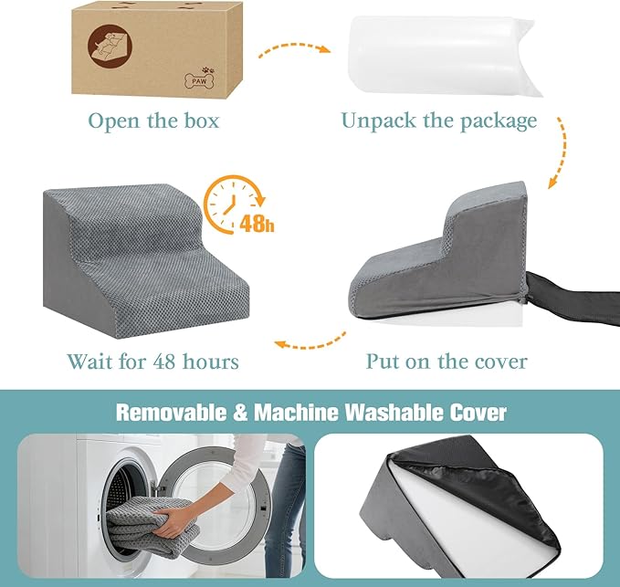 Dog Stairs for Small Dogs, 2-Step Dog Steps for Couch Sofa and Chairs, High-Density Foam Pet Steps Ramp with Removable Washable Cover for Older Injured Puppy Dogs and Cats, 11.81" H, Grey