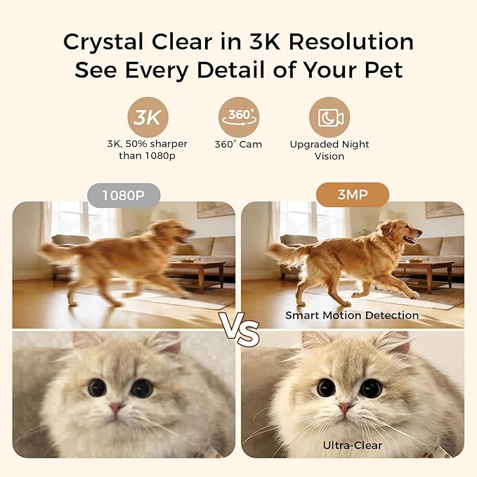 2026 3K Pet Camera Treat Dispenser, 32ft Remote Tossing for Dogs & Cats – Reduces Separation Anxiety, 360° View, Security Indoor Cam w/ Phone App, Barking Alerts, No Subscription, 5G WiFi, Robot M3