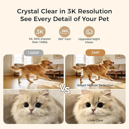 2026 3K Pet Camera Treat Dispenser, 32ft Remote Tossing for Dogs & Cats – Reduces Separation Anxiety, 360° View, Security Indoor Cam w/ Phone App, Barking Alerts, No Subscription, 5G WiFi, Robot M3
